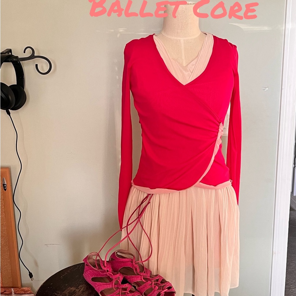 Bright Pink faux Wrap Ballet Top with Blush Layering
